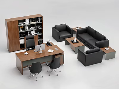 Modern Office Workspace With Wooden Desk Chair Set Bookcase And Sofa 3d model