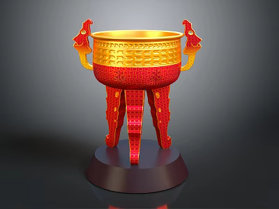 Red and Gold Ornament Decor Set With Dragon Shaped Handles Intricate Carvings And Dark Base 3d model