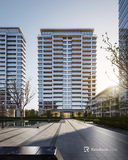 Elegant Modern High Rise Residential Building With Large Windows Landscaped Pathway And Trees 3d model 