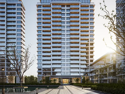 Elegant Modern High Rise Residential Building With Large Windows Landscaped Pathway And Trees 3d model