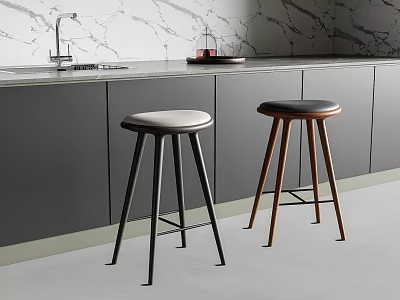 Modern Bar Stools with Black Brown Legs and Leather Seats for Kitchen Counter Marble Backsplash 3d model