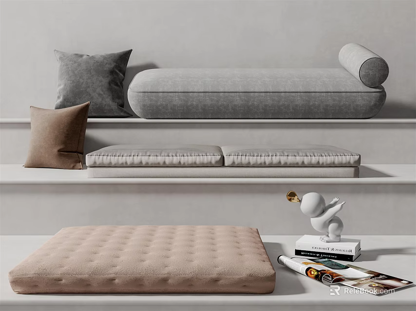 Cozy Home Living With Gray Sofa Cushions Brown Pillows Books And Bird Figurine 3d model 