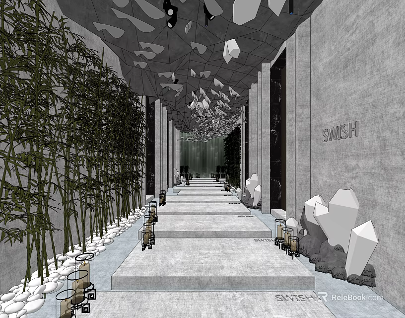 Stylish Elevator Corridor With Gray Walls Geometric Ceiling Bamboo Steps And White Stone Ornaments 3d model 
