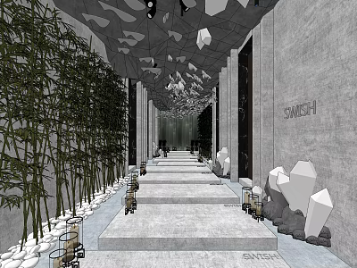 Stylish Elevator Corridor With Gray Walls Geometric Ceiling Bamboo Steps And White Stone Ornaments 3d model