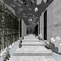 Stylish Elevator Corridor With Gray Walls Geometric Ceiling Bamboo Steps And White Stone Ornaments