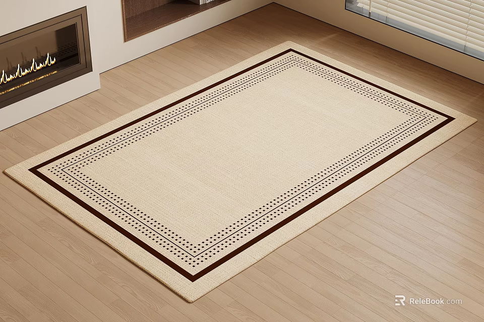 Square Beige Carpet With Dark Brown Border And Dot Pattern On Wooden Floor 3d model 