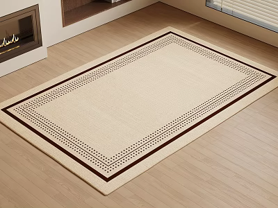 Square Beige Carpet With Dark Brown Border And Dot Pattern On Wooden Floor 3d model