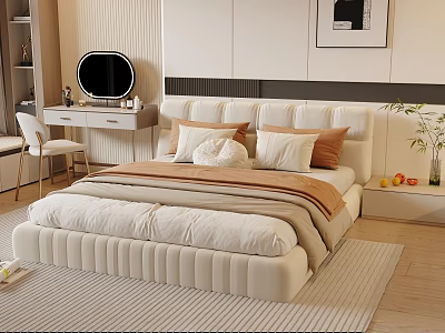 Minimalist Double Bed with White Upholstered Headboard Beige Brown Bedding Multiple Pillows Dressing Table Rug 3d model
