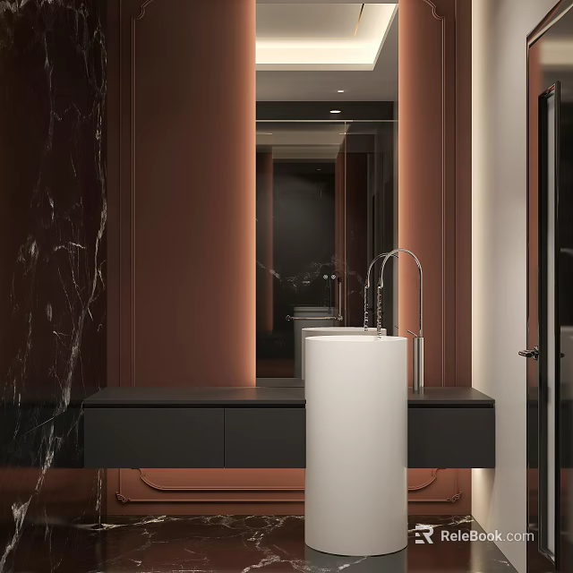 Elegant Modern Bathroom Washbasin With White Vessel Black Countertop Brown Wall Mirror Cabinet 3d model 