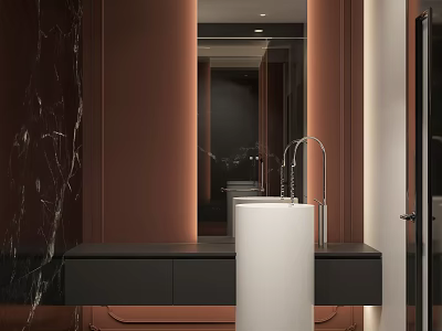 Elegant Modern Bathroom Washbasin With White Vessel Black Countertop Brown Wall Mirror Cabinet 3d model