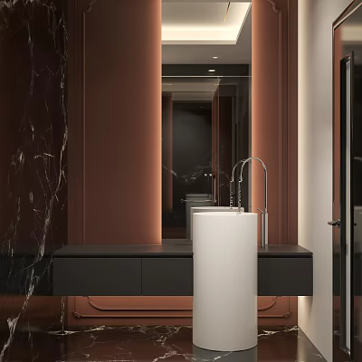 Elegant Modern Bathroom Washbasin With White Vessel Black Countertop Brown Wall Mirror Cabinet 3d model
