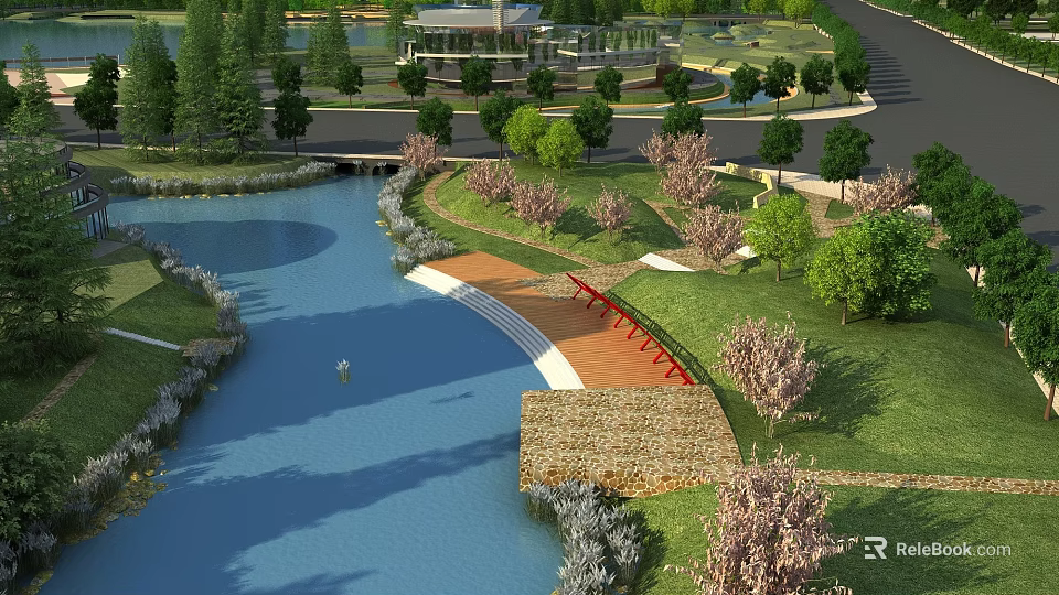 Waterfront Landscape Design Featuring River Green Lawn Blooming Trees And Wooden Walkway 3d model 