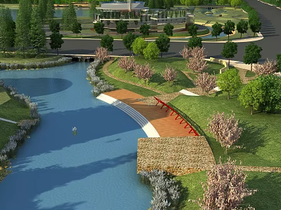 Waterfront Landscape Design Featuring River Green Lawn Blooming Trees And Wooden Walkway 3d model