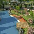 Waterfront Landscape Design Featuring River Green Lawn Blooming Trees And Wooden Walkway