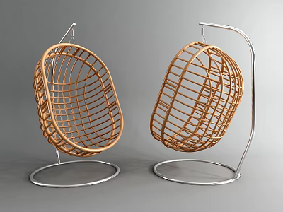 Stylish Rattan Hanging Chairs With Oval Shaped Design And Metal Stand 3d model