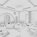 Kindergarten Indoor Environment with Blue Floor White Tables Chairs Circular Bookshelves Toys and Hanging Decorations