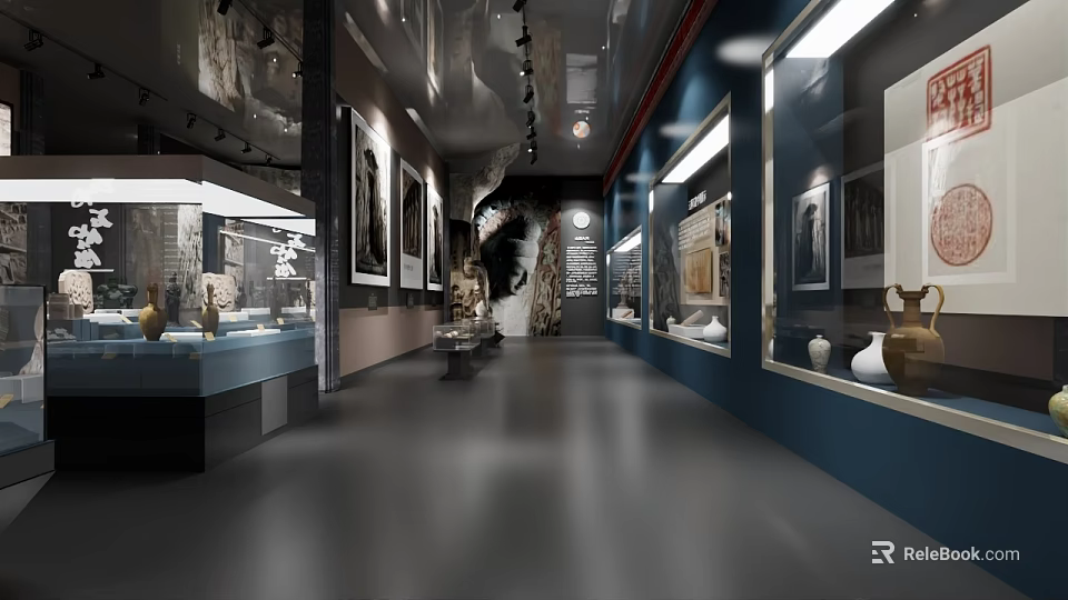 Cultural Center Interior With Exhibits Paintings Pottery And Display Cases 3d model 