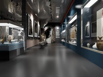 Cultural Center Interior With Exhibits Paintings Pottery And Display Cases 3d model