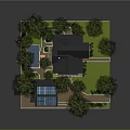 Cartoon Style Residential Scene with Modern House Swimming Pool Green Grass and Trees