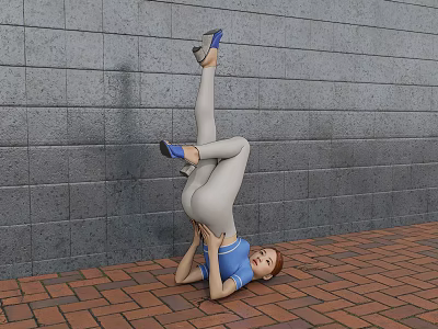Woman Doing Handstand In Blue Top Gray Pants Blue High Heels Against Gray Brick Wall 3d model