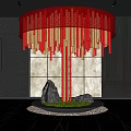 Red Chandelier Interior Landscape With Circular Block Design Black Tray Green Grass And Stones