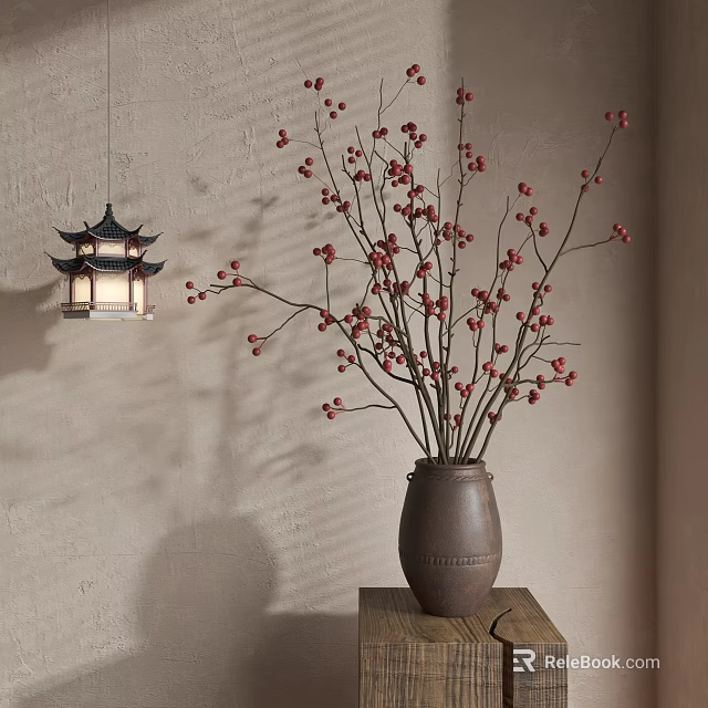 Chinese Style Decorative Ornament Set With Red Berry Branches Ceramic Vase And Hanging Lantern 3d model 
