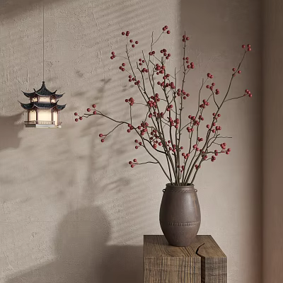 Chinese Style Decorative Ornament Set With Red Berry Branches Ceramic Vase And Hanging Lantern 3d model