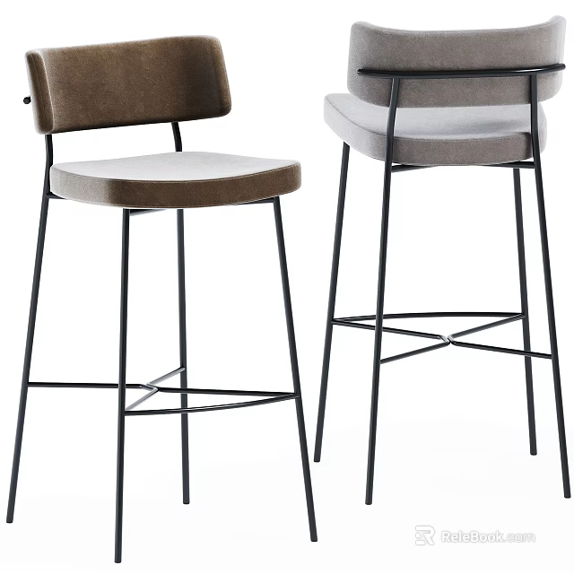 Modern Upholstered Bar Stools With Brown Gray Seats And Black Metal Cross Leg Base 3d model 