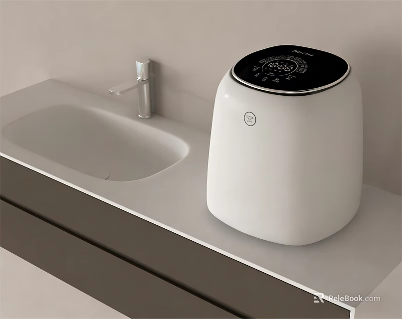 White Modern Washing Machine with Black Control Panel on Countertop and Sink 3d model 