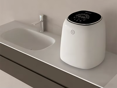 White Modern Washing Machine with Black Control Panel on Countertop and Sink 3d model