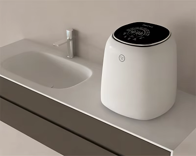 White Modern Washing Machine with Black Control Panel on Countertop and Sink 3d model