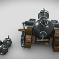Vintage Metal Cannon With Wooden Wheels And Cannonballs On Gray Background