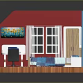 Red Blue Walls Room Interior With Wooden Bed Desk Chair And Artwork