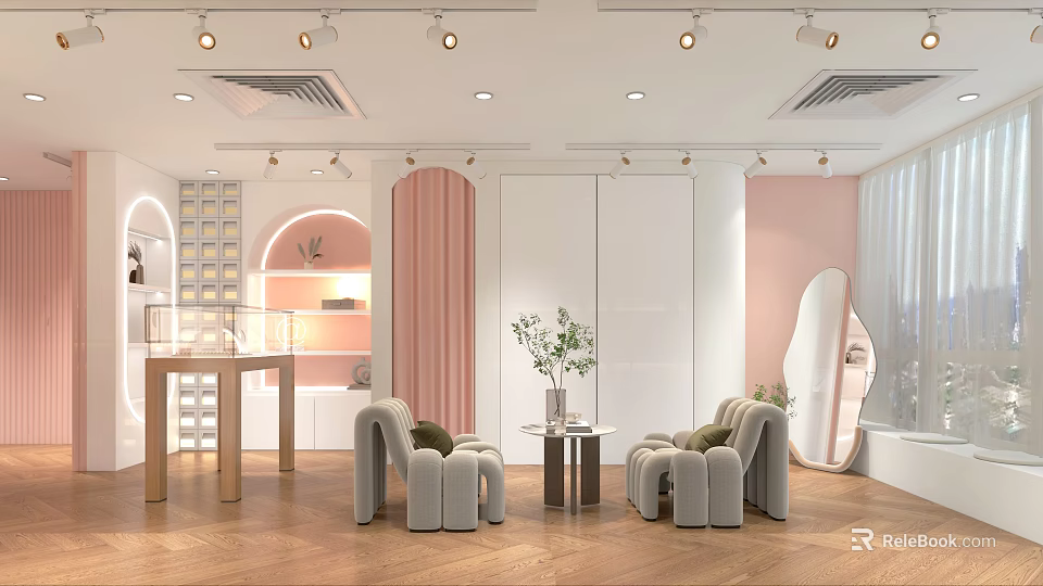 Modern Clothing Store Interior With Pink Walls Gray Sofas And Green Plants 3d model 