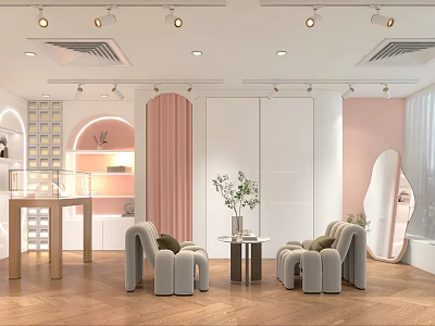 Modern Clothing Store Interior With Pink Walls Gray Sofas And Green Plants 3d model