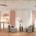 Modern Clothing Store Interior With Pink Walls Gray Sofas And Green Plants