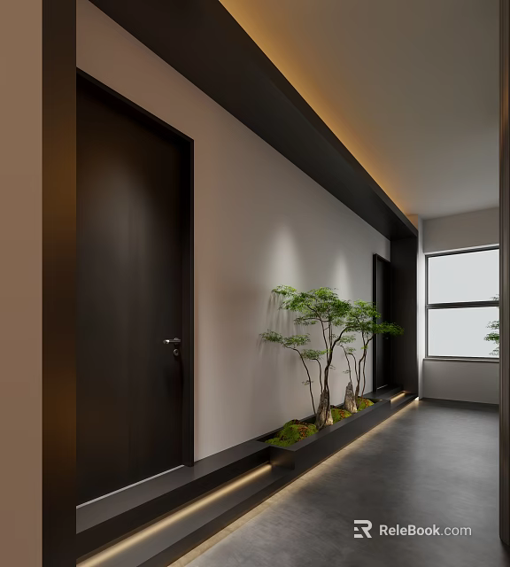 Hotel Corridor Interior With Black Doors White Walls Potted Plants And Window Lighting 3d model 