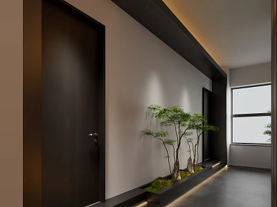 Hotel Corridor Interior With Black Doors White Walls Potted Plants And Window Lighting 3d model