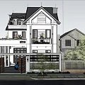 Two Story White Detached Villa With Balconies Green Trees Driveway And Black Car