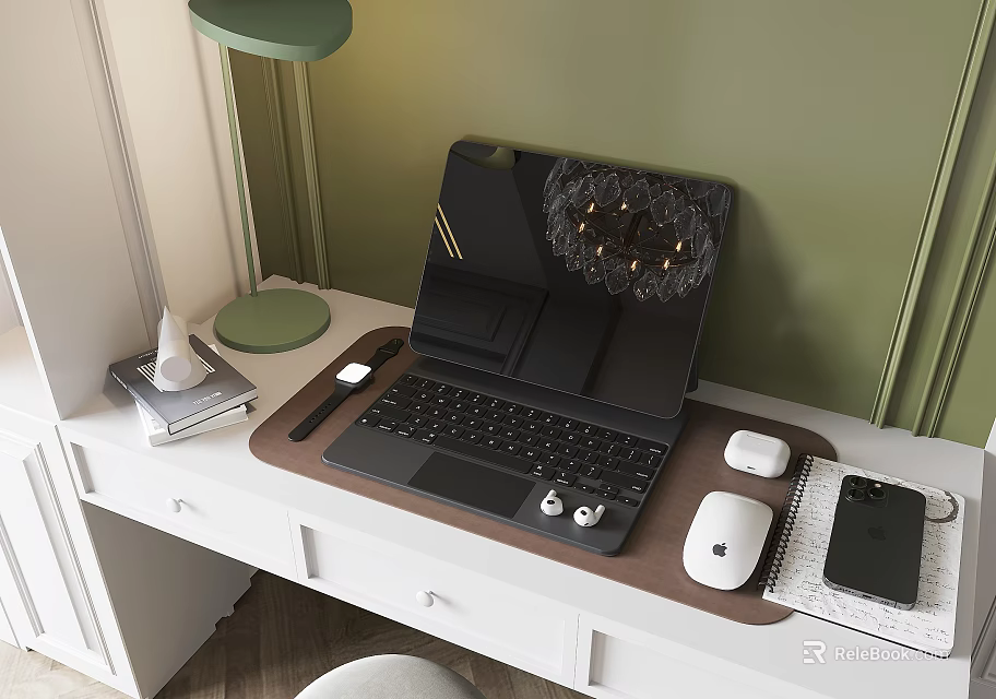 Sleek Laptop Setup On White Desk With Green Wall Desk Lamp Keyboard Mouse And Smartphone 3d model 