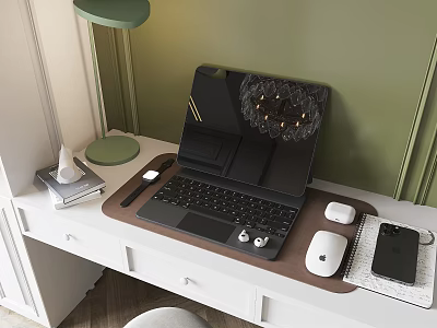 Sleek Laptop Setup On White Desk With Green Wall Desk Lamp Keyboard Mouse And Smartphone 3d model