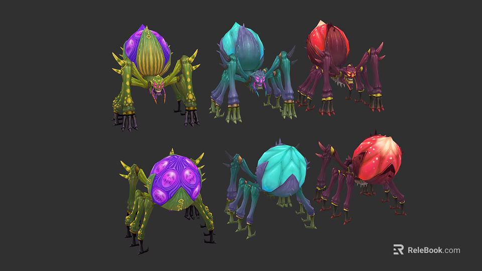 Vibrant Fantasy Characters And Colorful Mythical Creatures With Purple Blue Red Petal Carapaces And Legs 3d model 