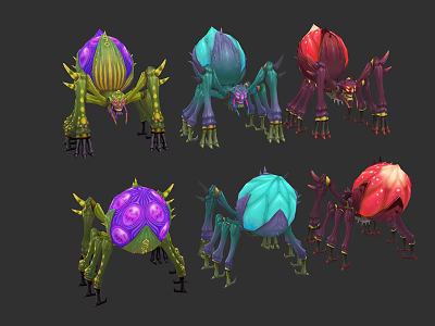 Vibrant Fantasy Characters And Colorful Mythical Creatures With Purple Blue Red Petal Carapaces And Legs 3d model
