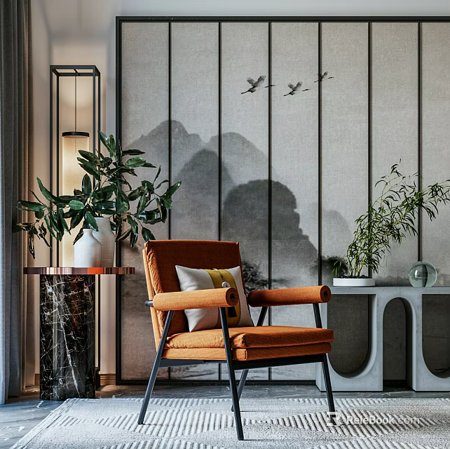 Elegant Orange Single Sofa With Green Plants Marble Side Table Lamp And Mountain Bird Wallpaper 3d model 
