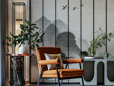 Elegant Orange Single Sofa With Green Plants Marble Side Table Lamp And Mountain Bird Wallpaper 3d model