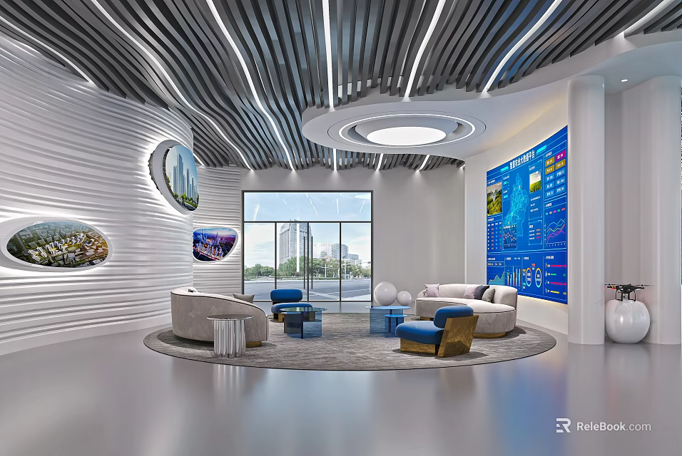 Modern Living Room Interior With Round Rug Sofa Decorative Paintings And Large Windows 3d model 