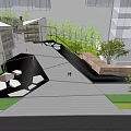 Modern Sales Office Building With High Rise Buildings Background Courtyard Trees And Seating Areas