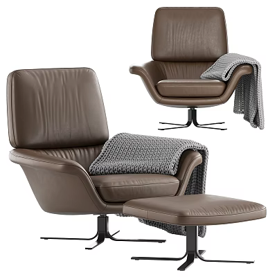 Brown Leather Office Chair With Gray Knitted Blanket Modern Design And Matching Ottoman 3d model
