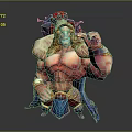Muscular Shirtless Fantasy Game Movie Character With Long Blonde Hair Red Helmet And Blue Cape