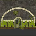 Medieval Stone Wall Interior With Arched Doorway Wooden Shelves Bottles Barrel And Decorative Heads